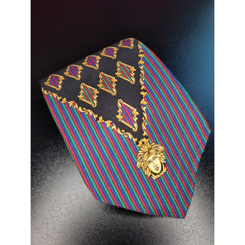 Gianni Versace Men's Necktie Black Medusa Silk 3.75" x 58" Excellent